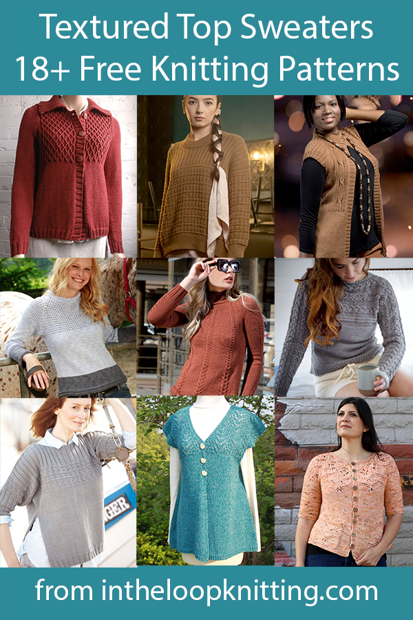 Free knitting patterns for cardigans and pullovers with bodices of textured stitches, cables, and lace. Many of the patterns are free.